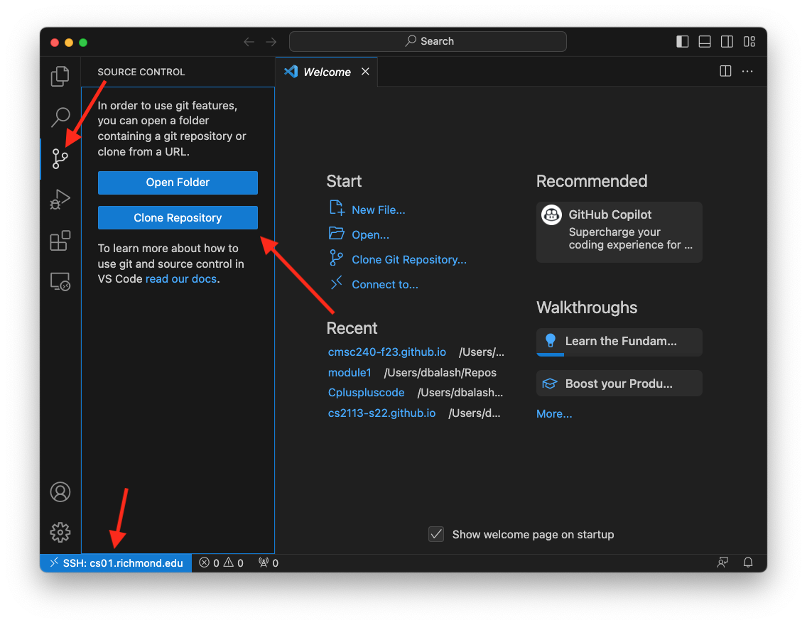 VScode New Window, Explore, Clone Repository